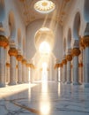 Grand mosque interior architecture features elegant white columns with gold accents. Sunlight streams through arches creating Royalty Free Stock Photo
