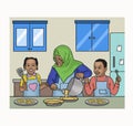 Grand mother and two kids cooking cake in the kitchen illuatration
