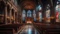 Grand old cathedral with high rising ceilings adorned with gothic styled sculptures and pipe organ Royalty Free Stock Photo