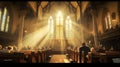 Grand old church with group of faithful parishioners who sitting piously and praying