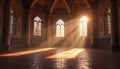 Grand old hall interior with large arched windows. Golden sunlight beams stream into empty room, creating dramatic light patterns Royalty Free Stock Photo