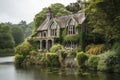a grand old house with its chimney surrounded by lush greenery and a peaceful lake in the background