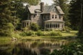 a grand old house with its chimney surrounded by lush greenery and a peaceful lake in the background