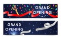 Grand open banners. Opening ceremony ribbons. Vector cutting silk ribbon and confetti background