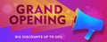 Grand opening advertising poster with megaphone, modern gradient graphic