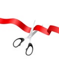 Grand Opening Background with Realistic Metal Silver Scissors and Red Ribbon Closeup Isolated on White Background Royalty Free Stock Photo