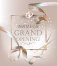 Grand opening banner with beige and white curly silk ribbons.