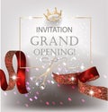 Grand Opening banner with curly textured ribbons and golden frame and crown.