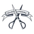 Grand opening banner - scissors cutting a ribbon, launching a project, vintage style