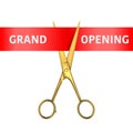 Grand Opening Banner. Vector 3d Realistic Golden Metal Scissors utting a Red Ribbon Isolated on White Background. Clip