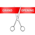 Grand Opening Banner. Vector 3d Realistic Silver Metal Scissors utting a Red Ribbon Isolated on White Background. Clip