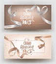 Grand opening banners with beige and white curly silk ribbons.