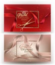 Grand opening banners with curly ribbons , scissors and sparkling frame. Royalty Free Stock Photo