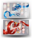 Grand opening banners with curly sparkling ribbons and defocused lights. Royalty Free Stock Photo