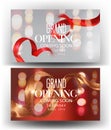 Grand opening banners with curly sparkling ribbons, frames and blurred background. Royalty Free Stock Photo