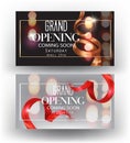 Grand opening banners with curly sparkling ribbons, frames and blurred background. Royalty Free Stock Photo