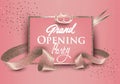 Grand opening banners with curly sparkling ribbons, scissors and sparkling frame. Pastel collors.