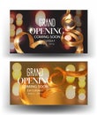 Grand opening banners with gold curly sparkling ribbons and blurred background. Royalty Free Stock Photo