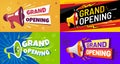 Grand opening banners. Invitation card with megaphone speaker, opened event and opening celebration advertising flyer
