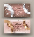 Grand opening banners with sparkling beautiful beige ribbons.