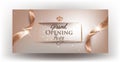 Grand Opening beige banner with curly textured ribbons and golden frame. Royalty Free Stock Photo