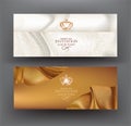 Grand opening blue and gold cards with curly sparkling ribbons. Royalty Free Stock Photo