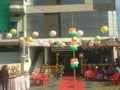grand opening of a cafe, having village theme,varity of food,bambo furniture,walls full wih wings of peacock remind our villages