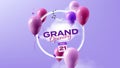 Grand Opening Card with Balloons and neon circle with calendar and date and spring bird singing melody, in violet colors