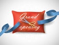 Grand opening card with blue ribbon, scissors on the pillow. Vector illustration Royalty Free Stock Photo