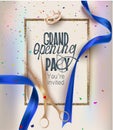 Grand opening card with blue ribbons, golden frame and colorful confetti. Royalty Free Stock Photo