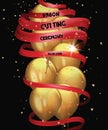 Grand opening card with gold air balloons, confetti and long red ribbon