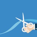 Grand opening ceremony. Businessman hand scissors cut the straight ribbon right corner. Inauguration. Flat design style. Isolated