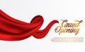 Grand Opening ceremony party template with golden confetti and red elegant silk luxury ribbon swirl