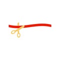 Grand opening concept. Scissors cutting the red ribbon isolated on transparent background. Golden scissors cut bright Royalty Free Stock Photo