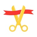 Golden scissors cutting red ribbon. Royalty Free Stock Photo