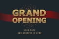Grand opening 3d gold word sign. Vector background. Scissors cutting red ribbon design element for poster or banner for opening Royalty Free Stock Photo