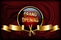 Grand opening design concept. Vector golden ring, scissors and ribbon on red marble background. Royalty Free Stock Photo