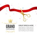 Grand Opening design template with ribbon and scissors. Grand open ribbon cut concept. Royalty Free Stock Photo