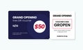 Grand opening gift voucher card template design. cashback coupon code promotion vector illustration