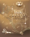Grand opening gold invitation card with curly ribbons with pattern.