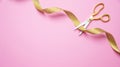 Grand opening. Gold scissors cutting golden ribbon, pink background, copy space, top view