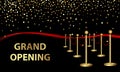 Grand opening. Golden confetti and red silk ribbon on a black background. Inauguration banner opening celebration