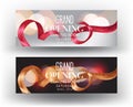 Grand opening horizontal banners with curly sparkling ribbons and blurred background. Royalty Free Stock Photo