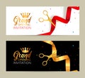 Grand Opening invitation banner. Golden Ribbon and red ribbon cut ceremony event. Grand opening celebration card