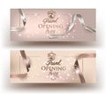 Grand opening invitation beige cards with frame and ribbons. Royalty Free Stock Photo