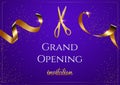 Grand opening invitation blue vector banner. Shiny scissors cutting golden ribbon Royalty Free Stock Photo