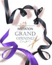 Grand opening invitation card with beautiful curly ribbon and gold scissors.