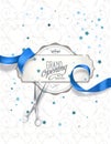 Grand opening invitation card with blue silk ribbon and scissors Royalty Free Stock Photo