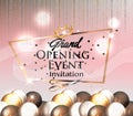 Grand opening invitation card with transparent curly ribbon, air balloons and gold serpentine.