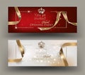 Grand opening invitation cards with gold frame and ribbons.